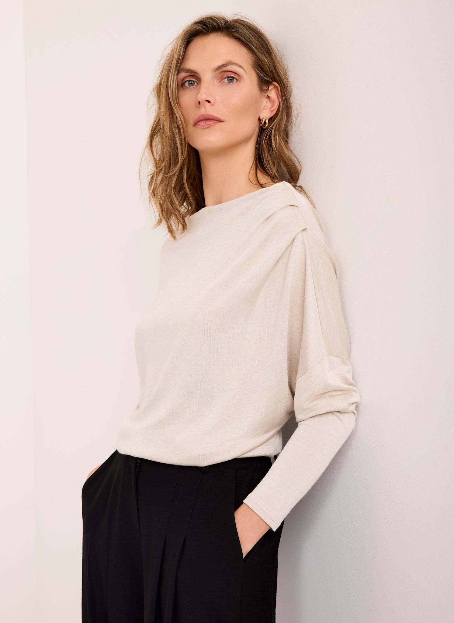 Neutral Metallic Ruched Long Sleeve Top