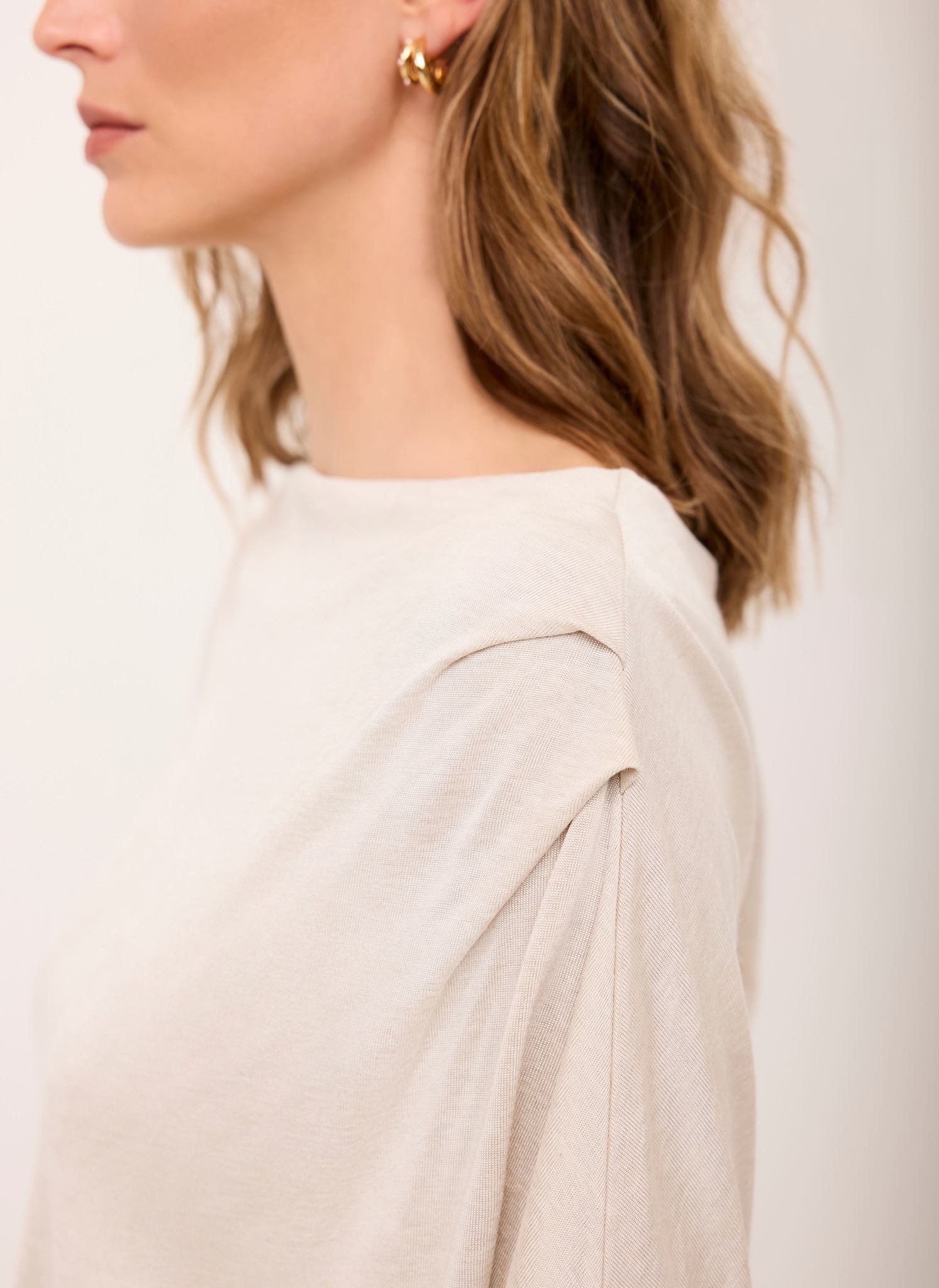 Neutral Metallic Ruched Long Sleeve Top