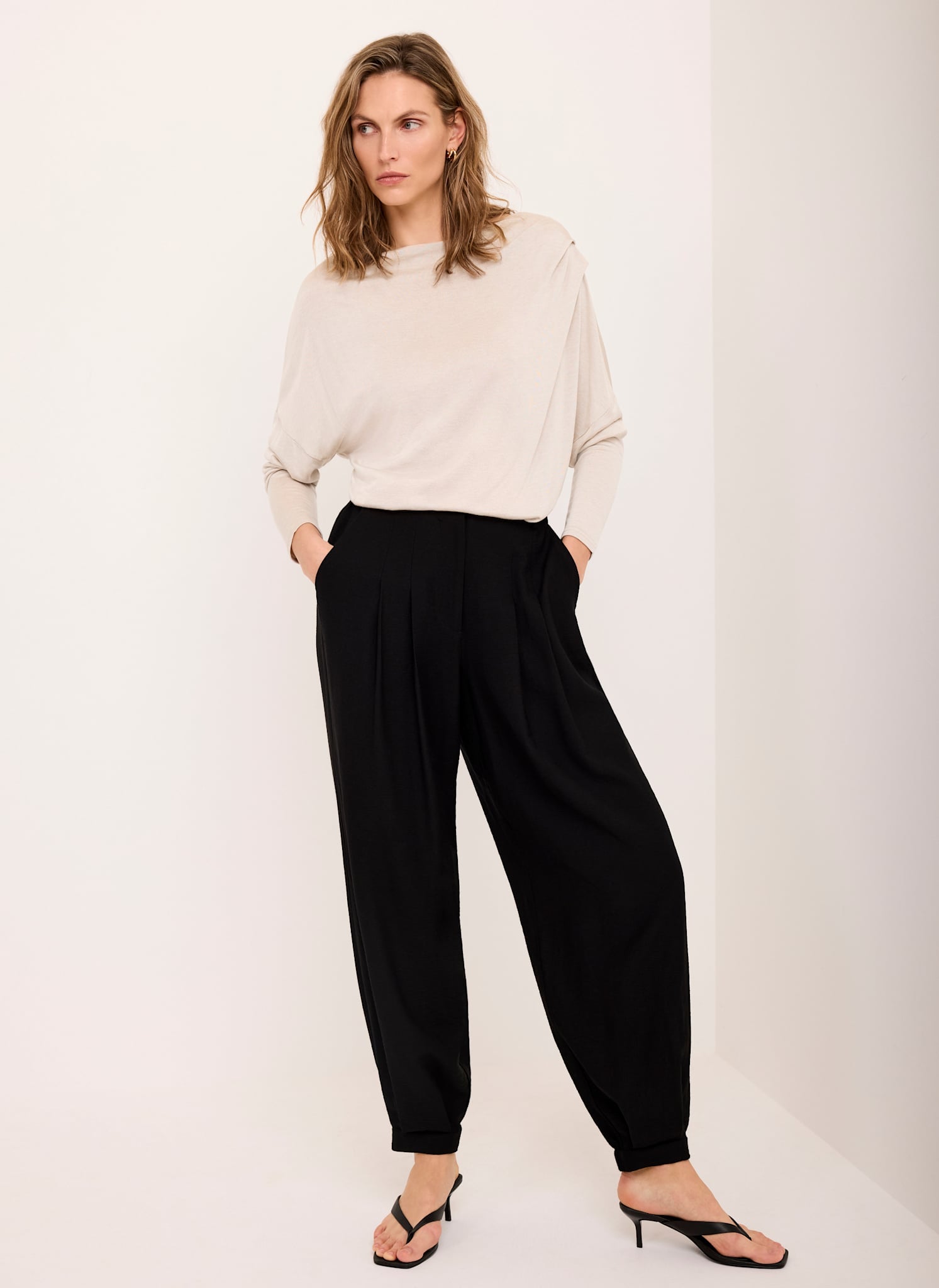 Neutral Metallic Ruched Long Sleeve Top