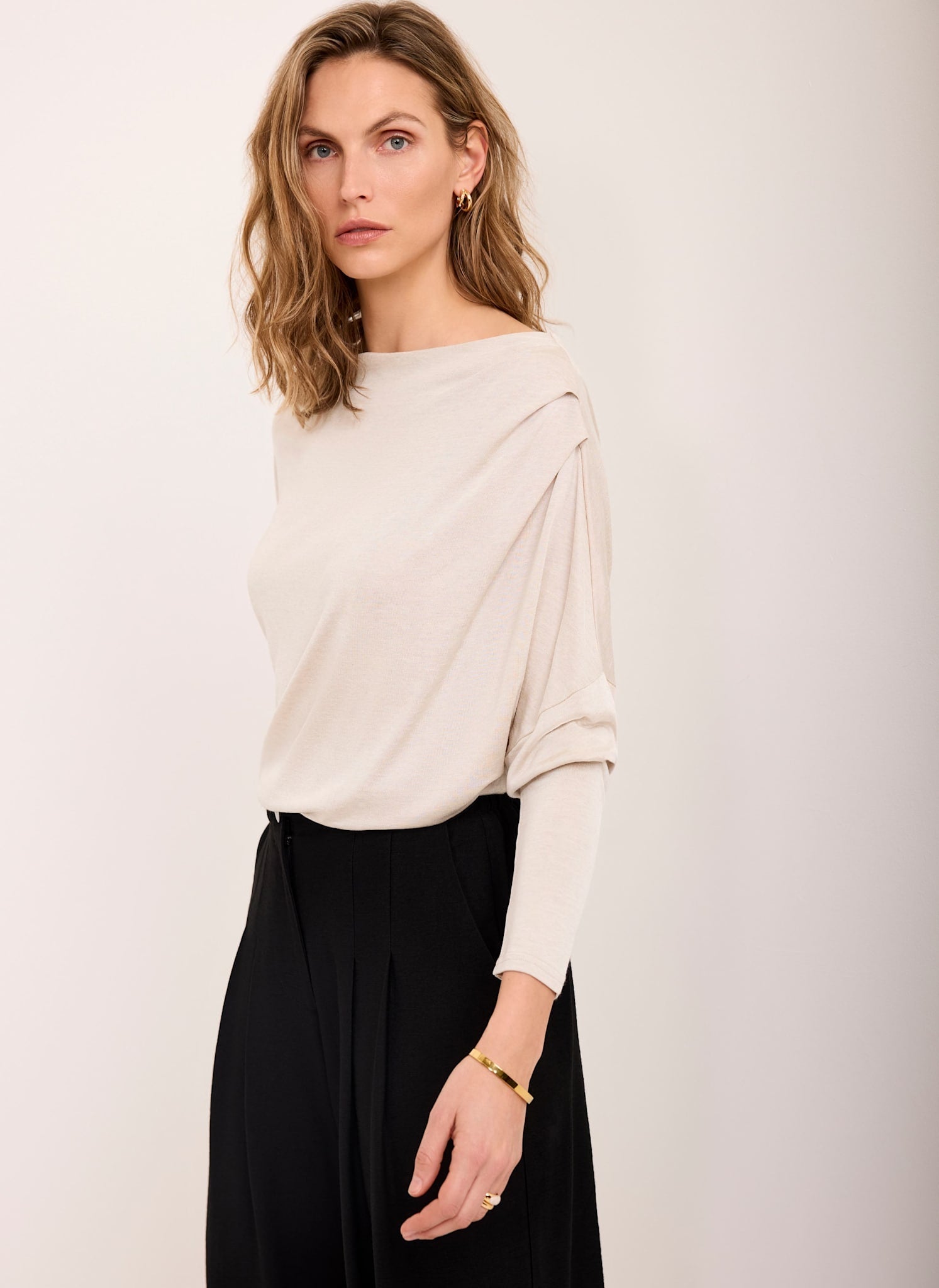 Neutral Metallic Ruched Long Sleeve Top