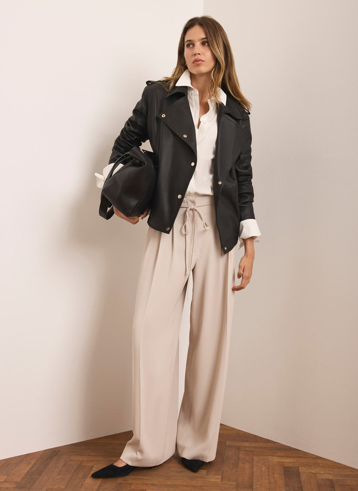 Neutral Tie Waist Pleated Wide Trousers