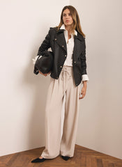 Neutral Tie Waist Pleated Wide Trousers