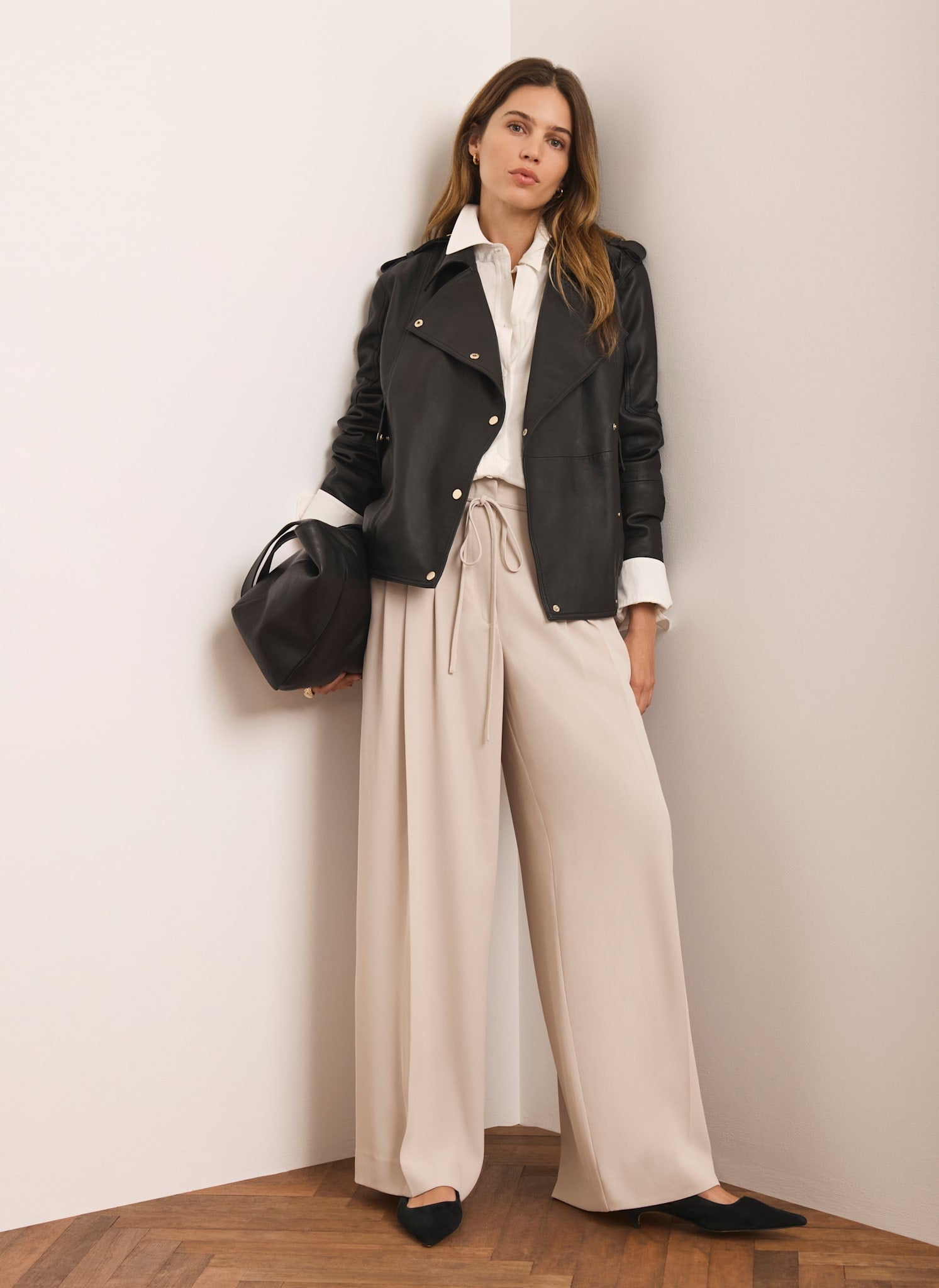 Neutral Tie Waist Pleated Wide Trousers