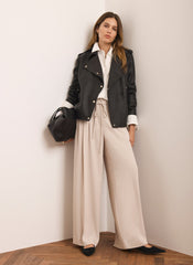 Neutral Tie Waist Pleated Wide Trousers