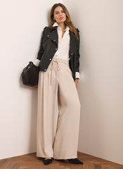Neutral Tie Waist Pleated Wide Trousers