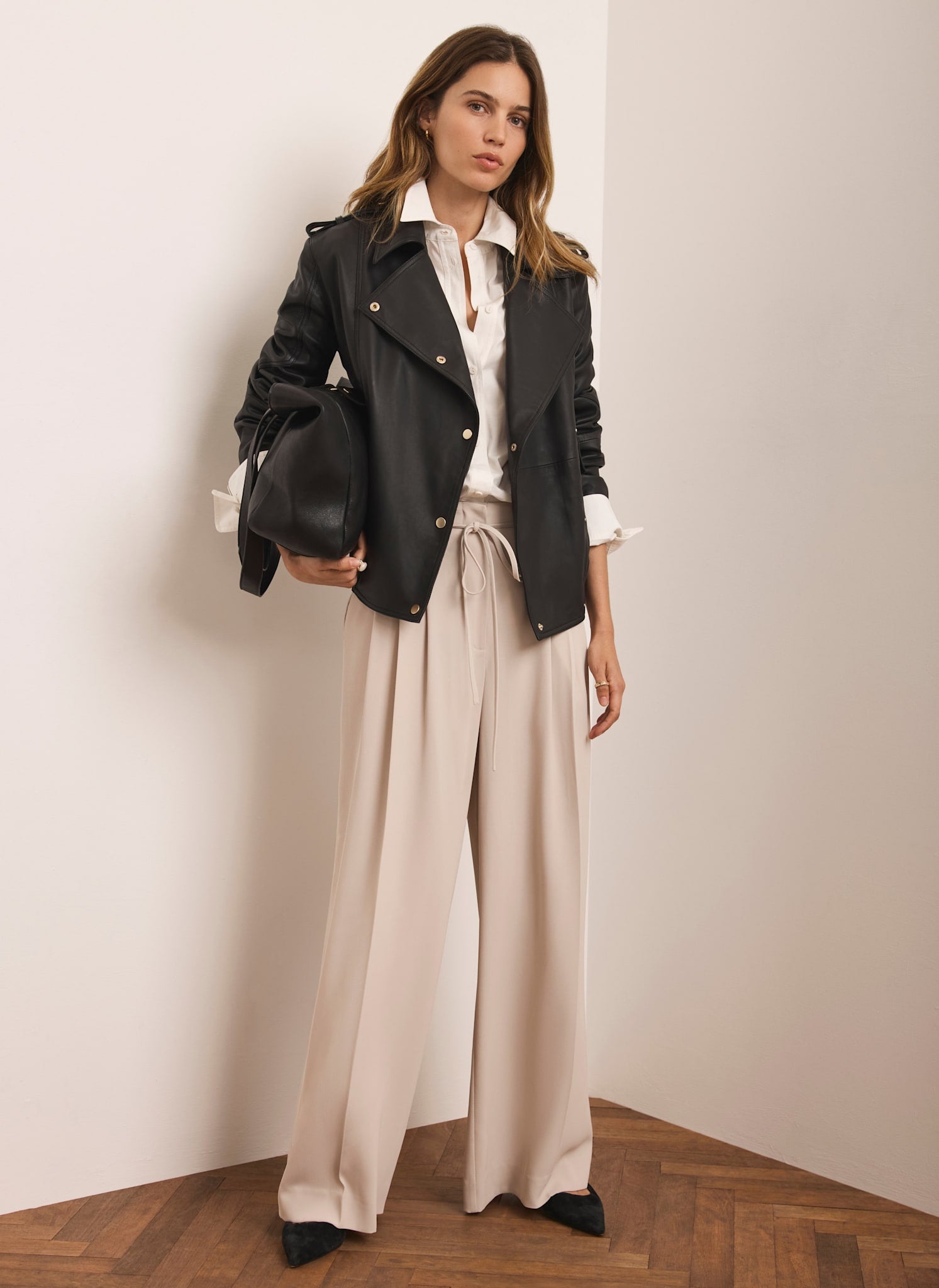 Neutral Tie Waist Pleated Wide Trousers