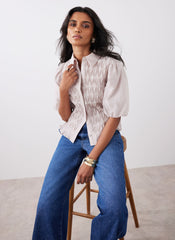 Neutral Puff Sleeve Smock Shirt