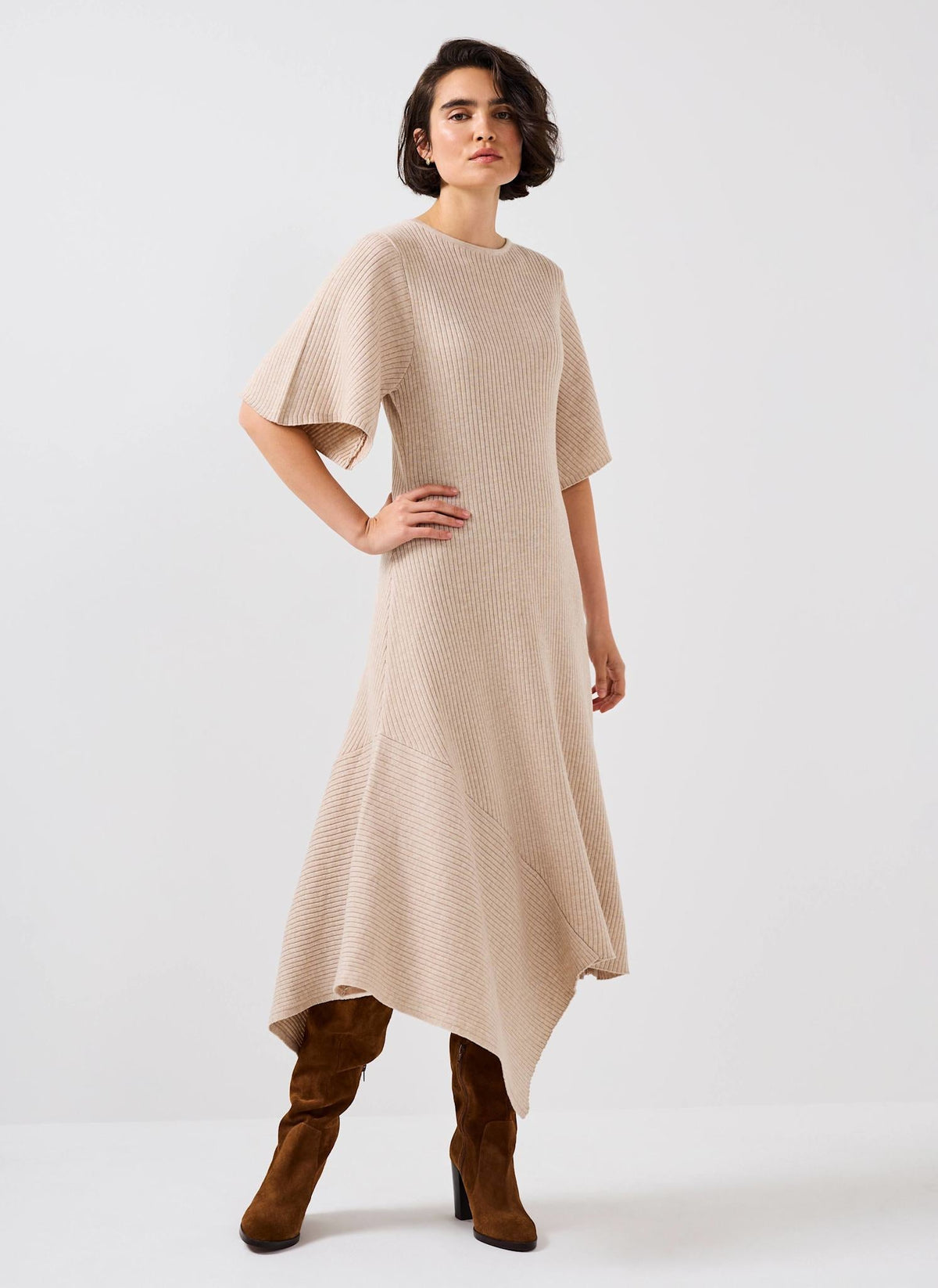 Neutral Rib Knit Asymmetric Dress