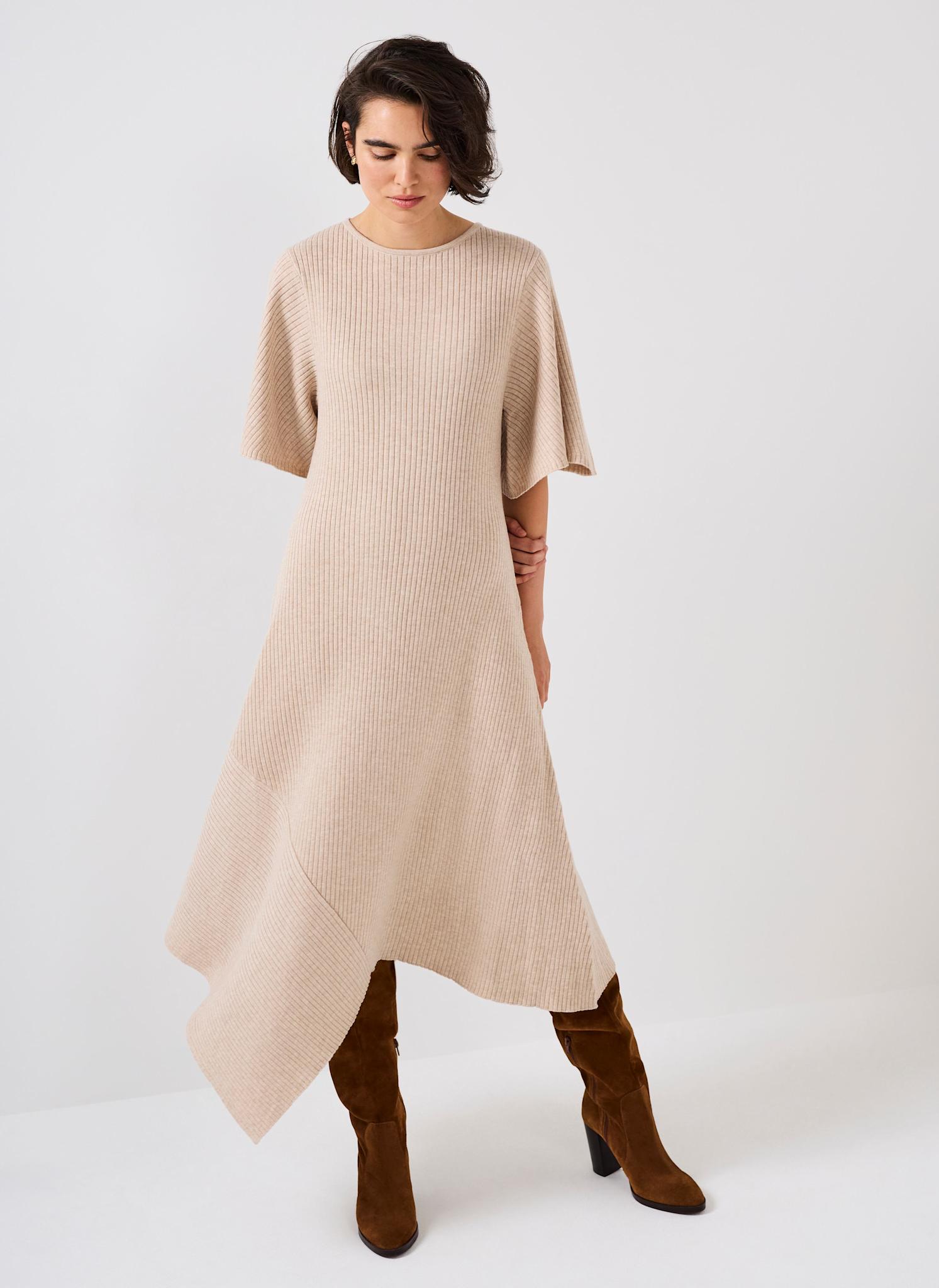 Neutral Rib Knit Asymmetric Dress