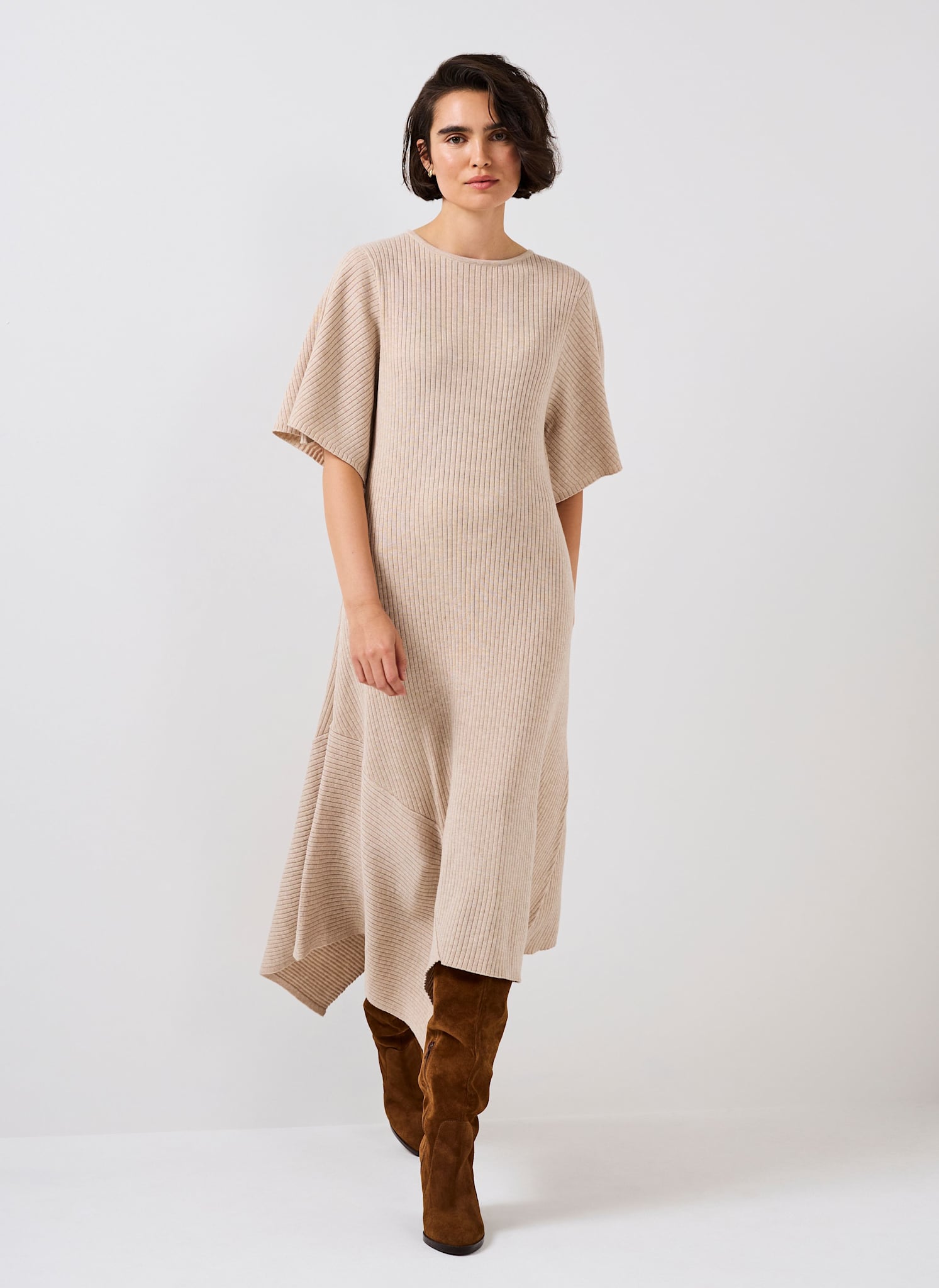 Neutral Rib Knit Asymmetric Dress
