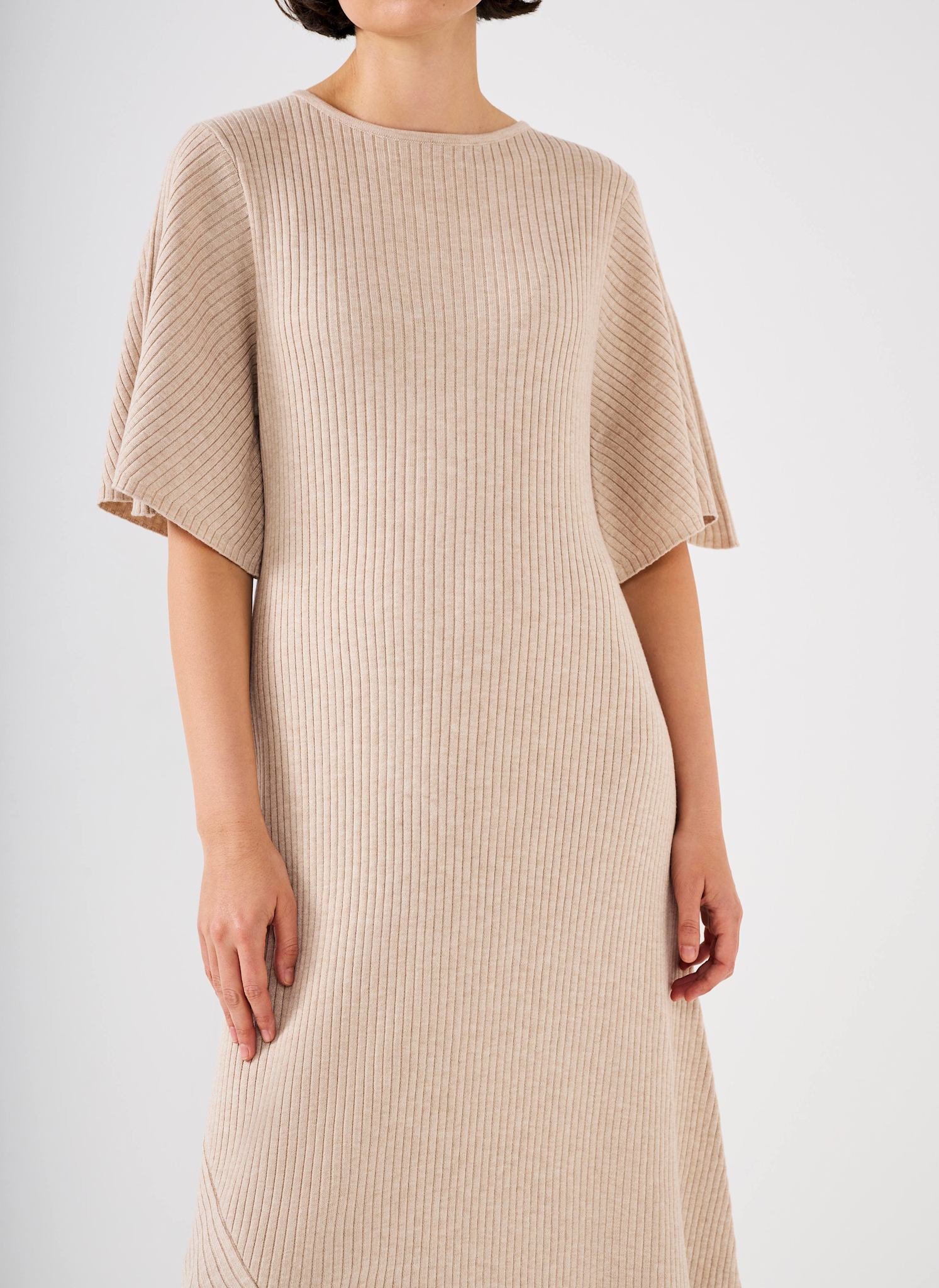 Neutral Rib Knit Asymmetric Dress