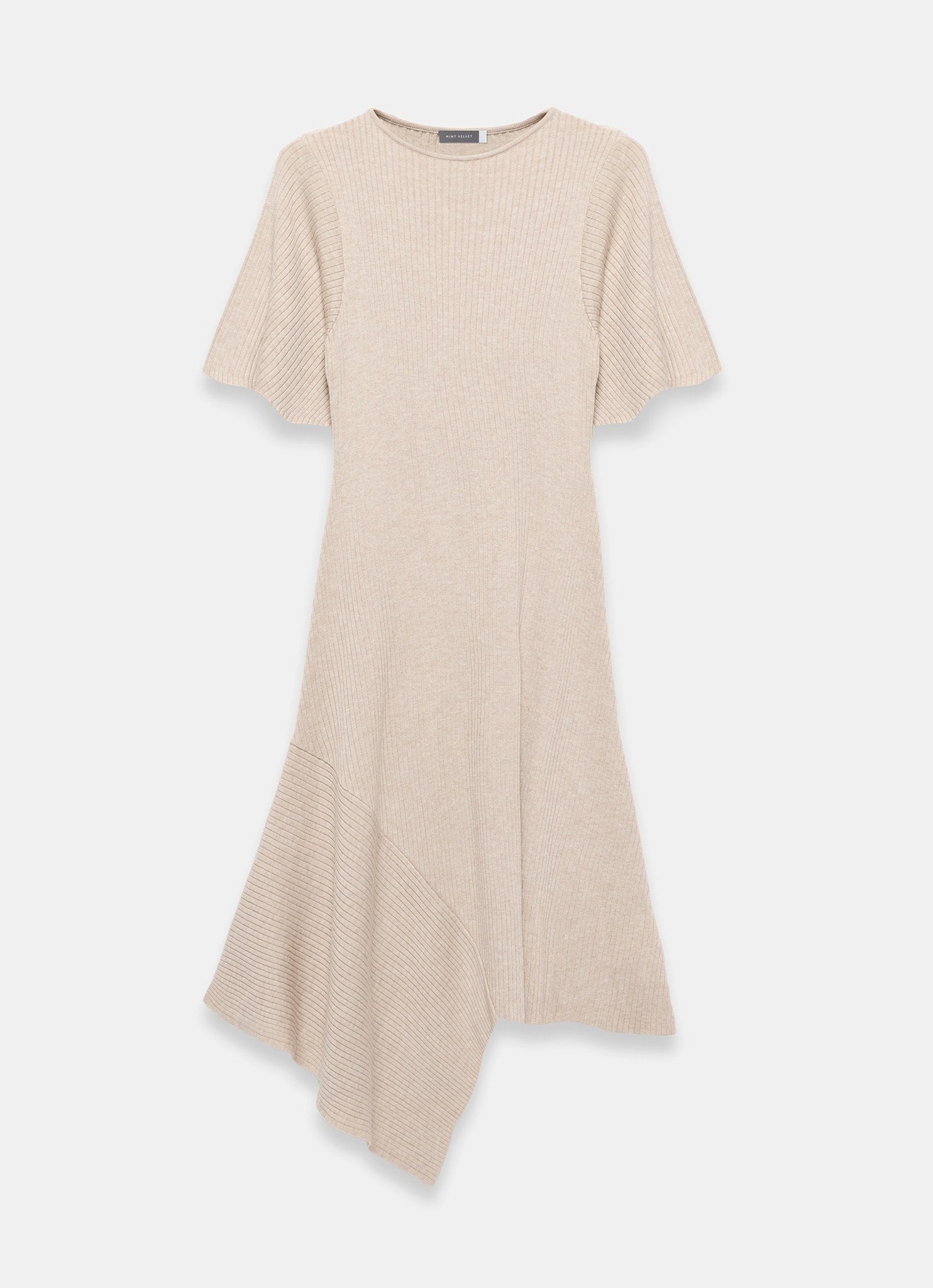 Neutral Rib Knit Asymmetric Dress