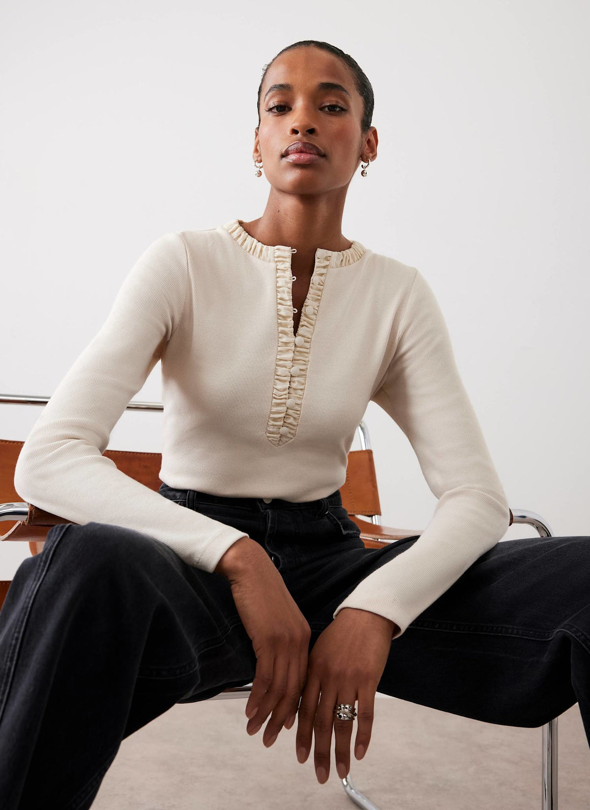 Neutral Ruched Cotton Blend Henley Top