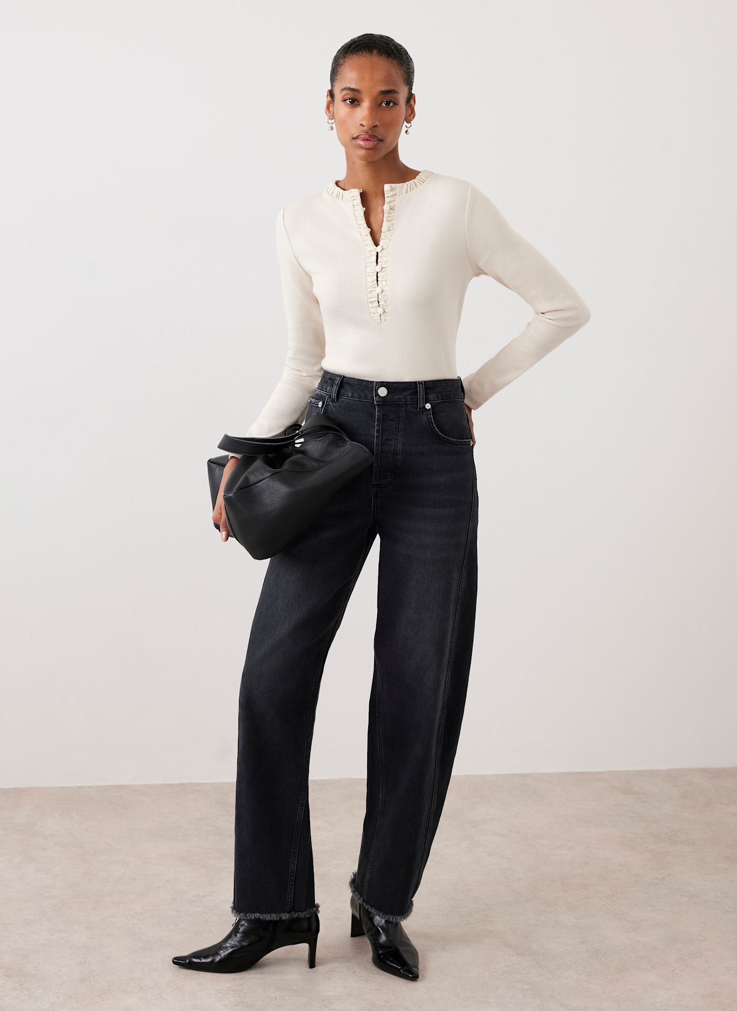 Neutral Ruched Cotton Blend Henley Top