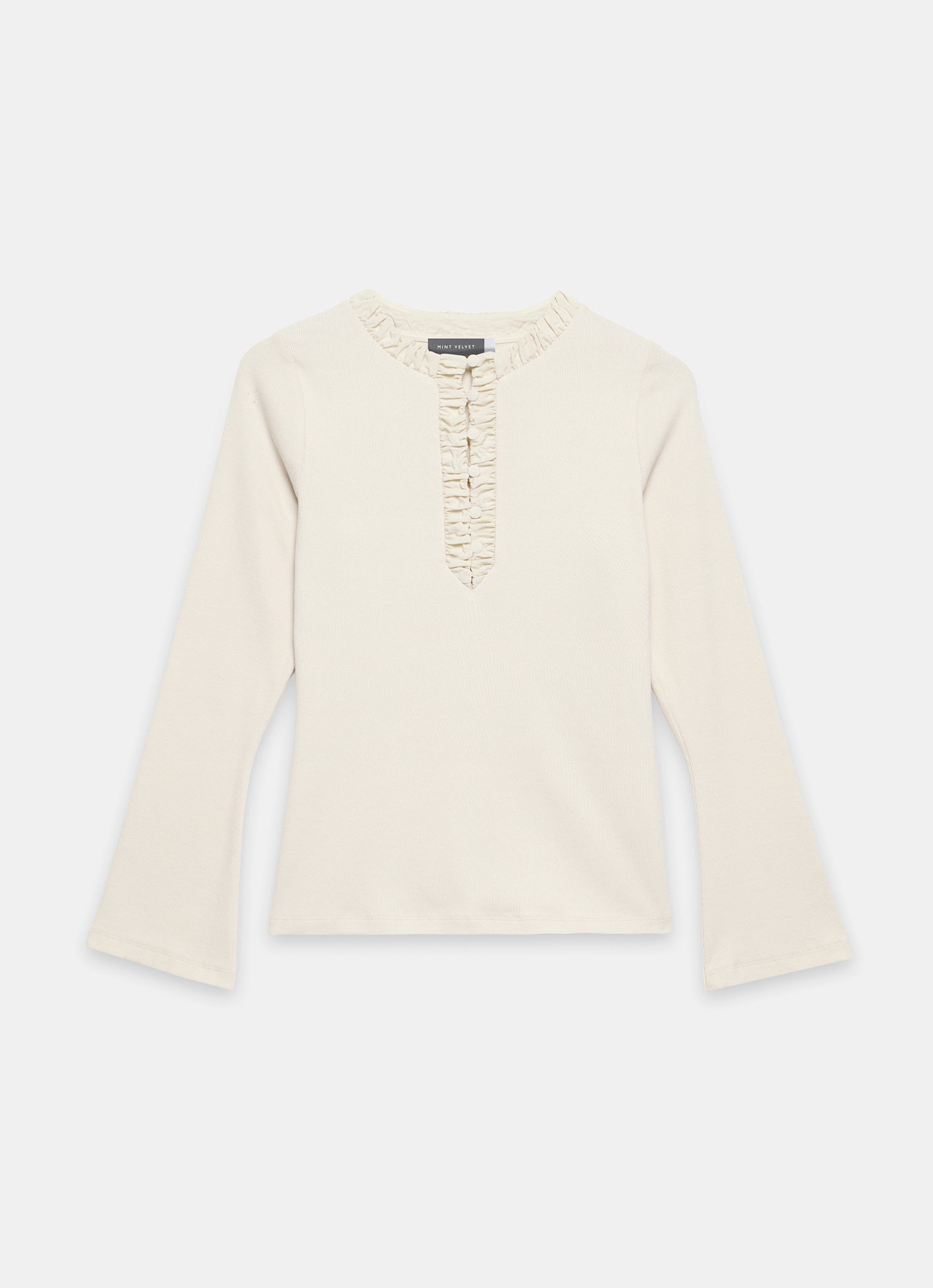 Neutral Ruched Cotton Blend Henley Top