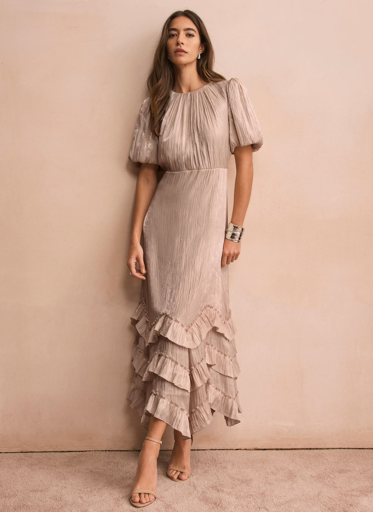 Neutral Metallic Ruffle Maxi Dress