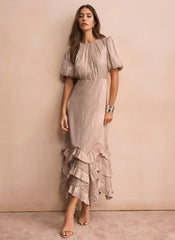 Neutral Metallic Ruffle Maxi Dress