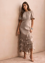Neutral Metallic Ruffle Maxi Dress