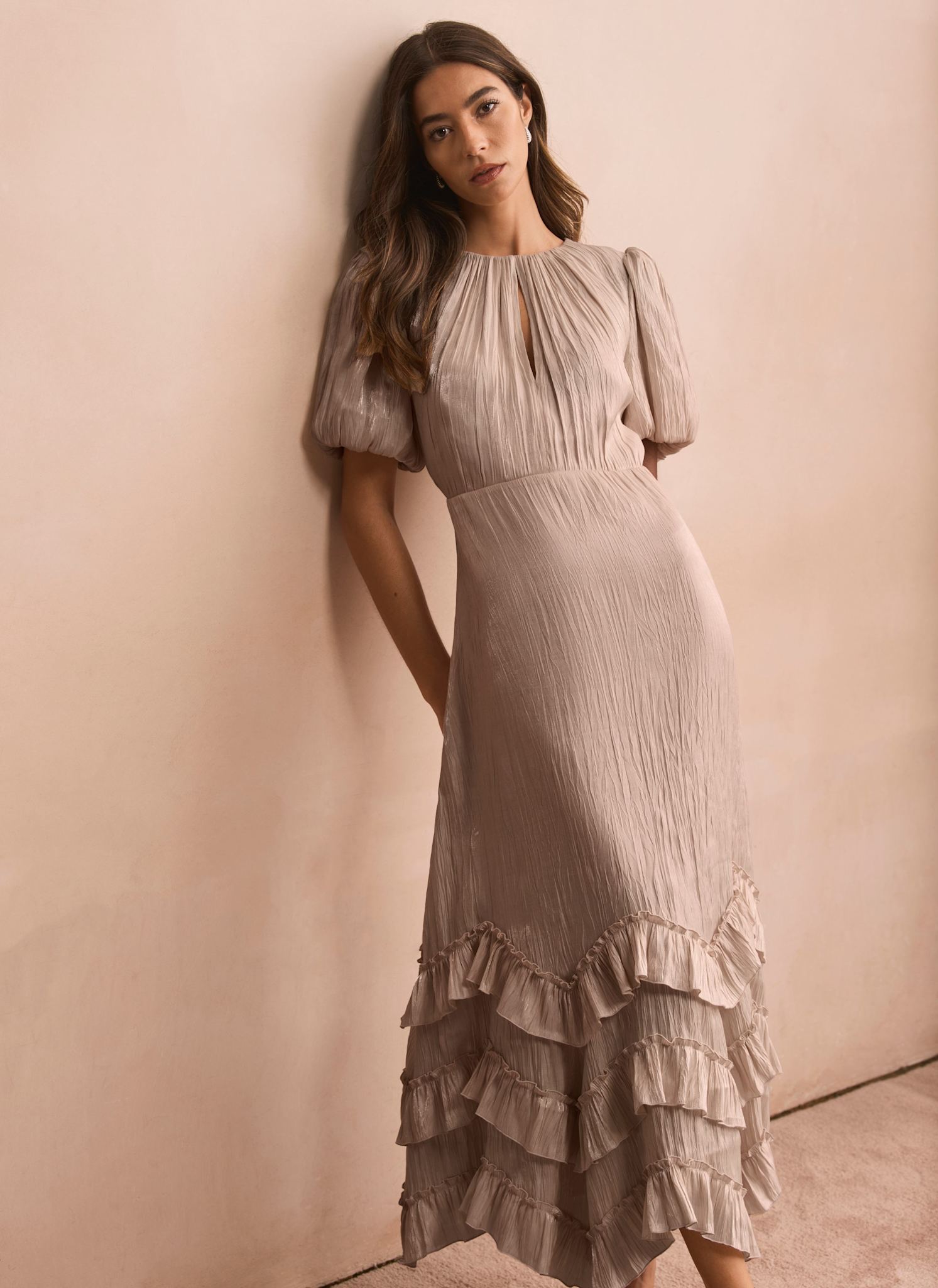 Neutral Metallic Ruffle Maxi Dress
