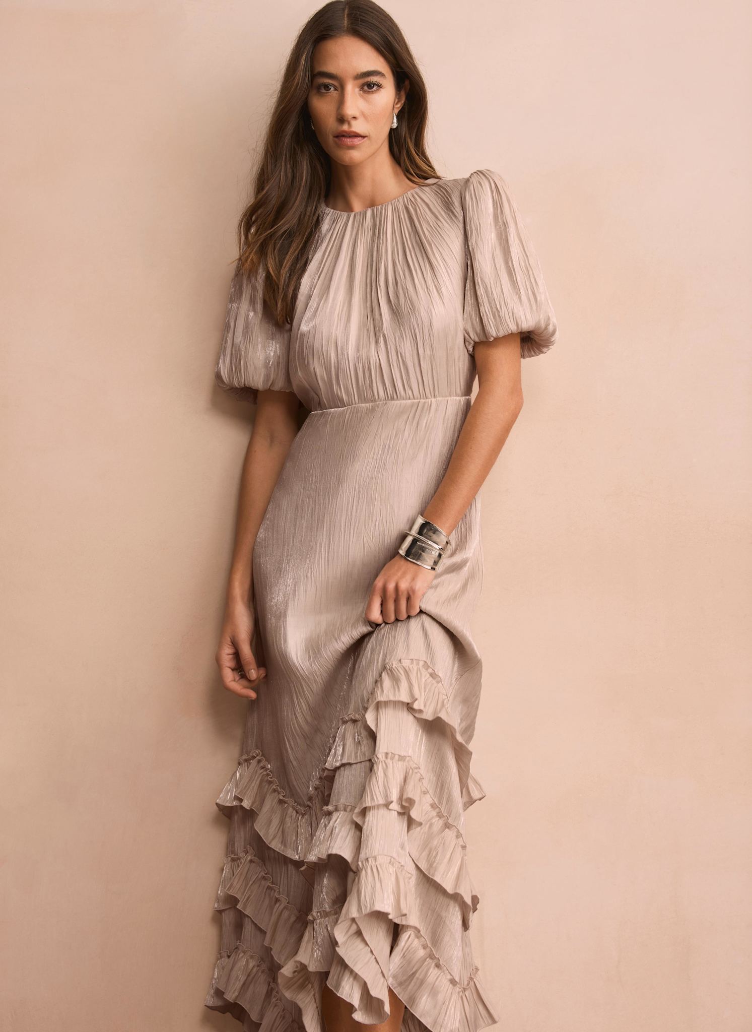 Neutral Metallic Ruffle Maxi Dress