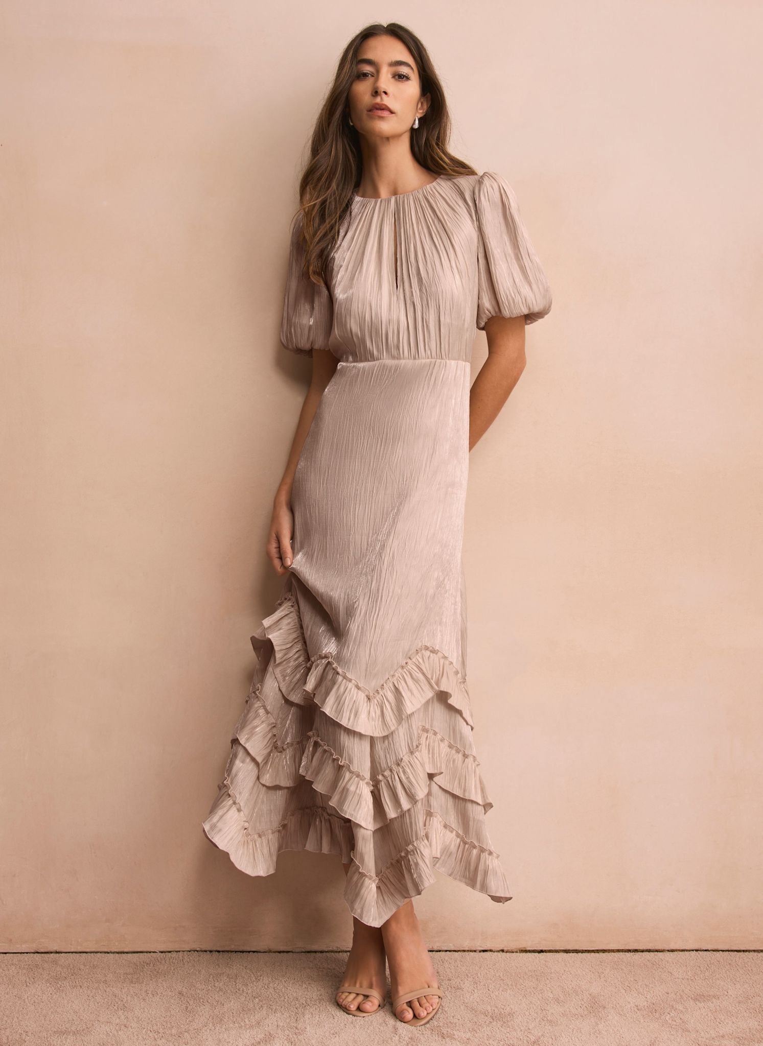 Neutral Metallic Ruffle Maxi Dress