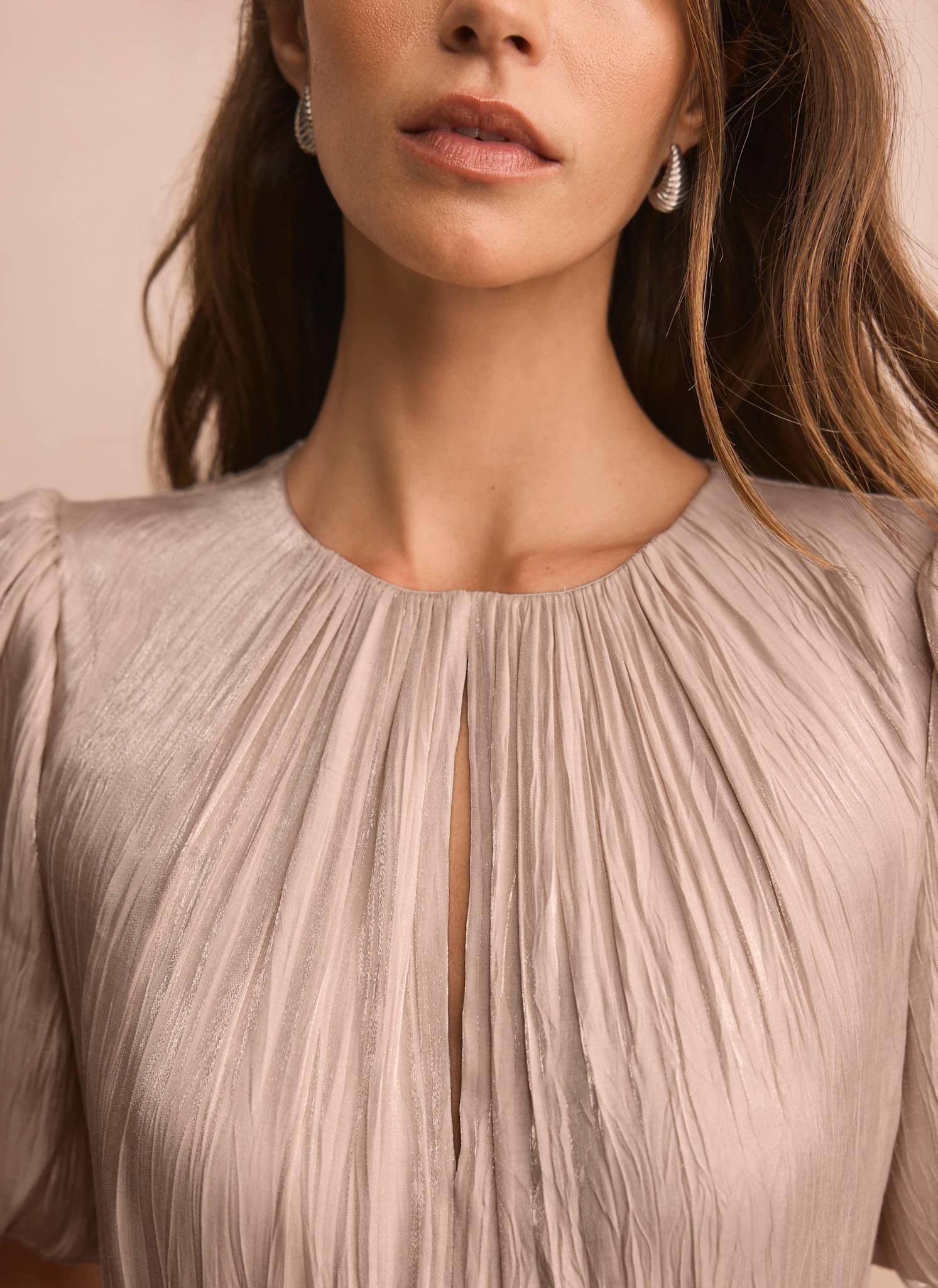 Neutral Metallic Ruffle Maxi Dress