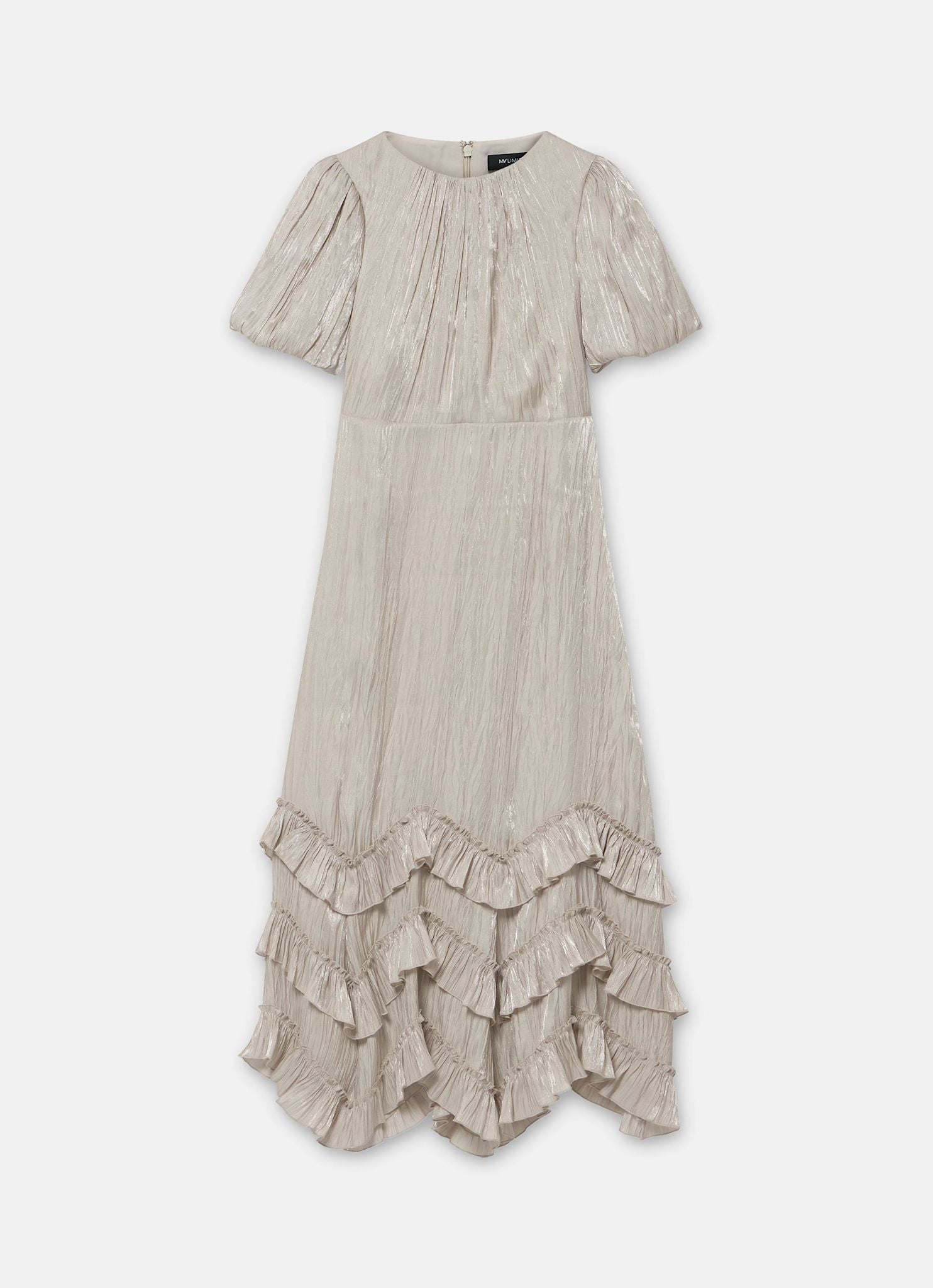 Neutral Metallic Ruffle Maxi Dress