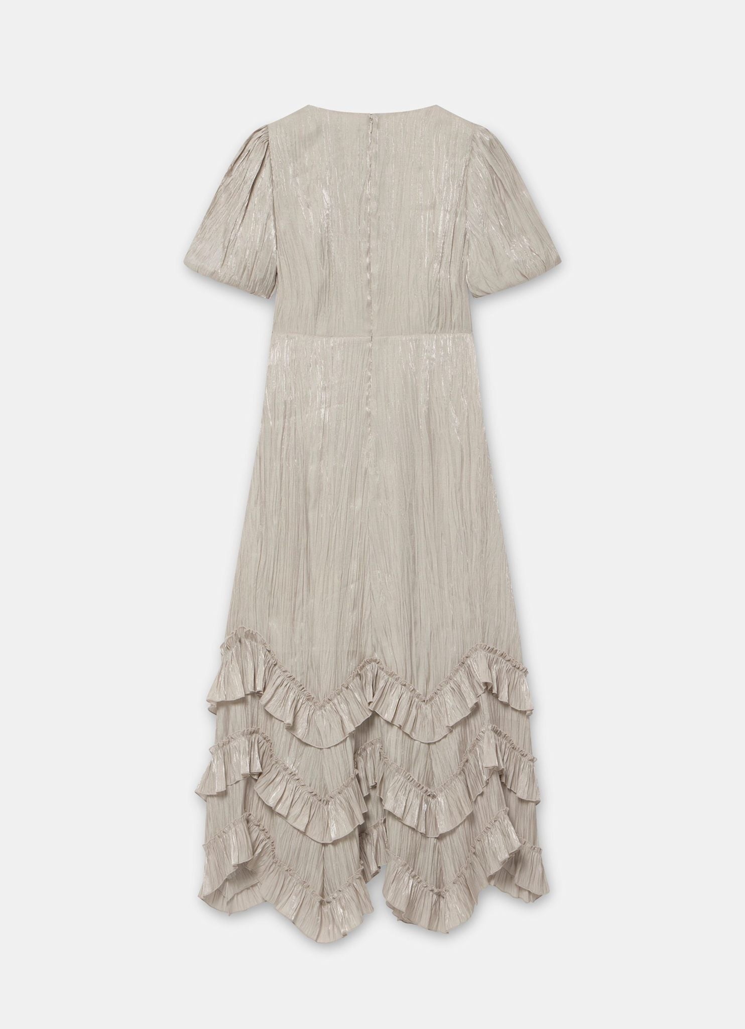 Neutral Metallic Ruffle Maxi Dress