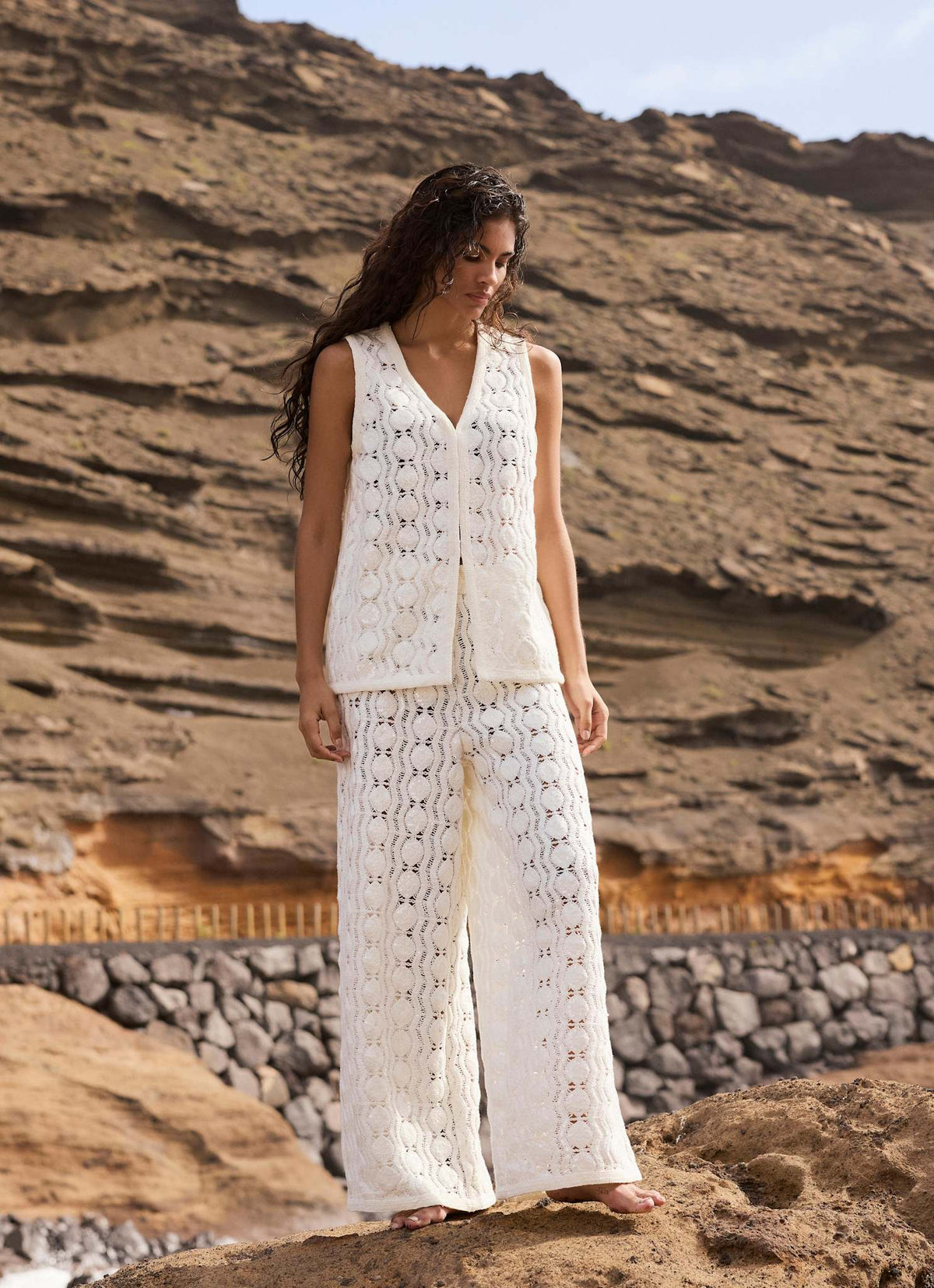 White Crochet Sequin Trousers