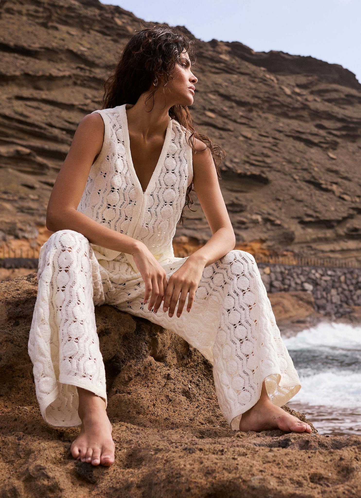 White Crochet Sequin Trousers