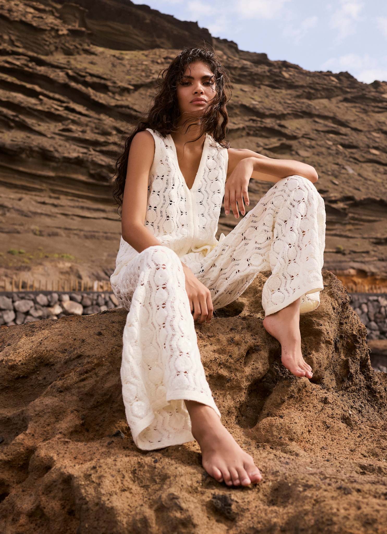 White Crochet Sequin Trousers