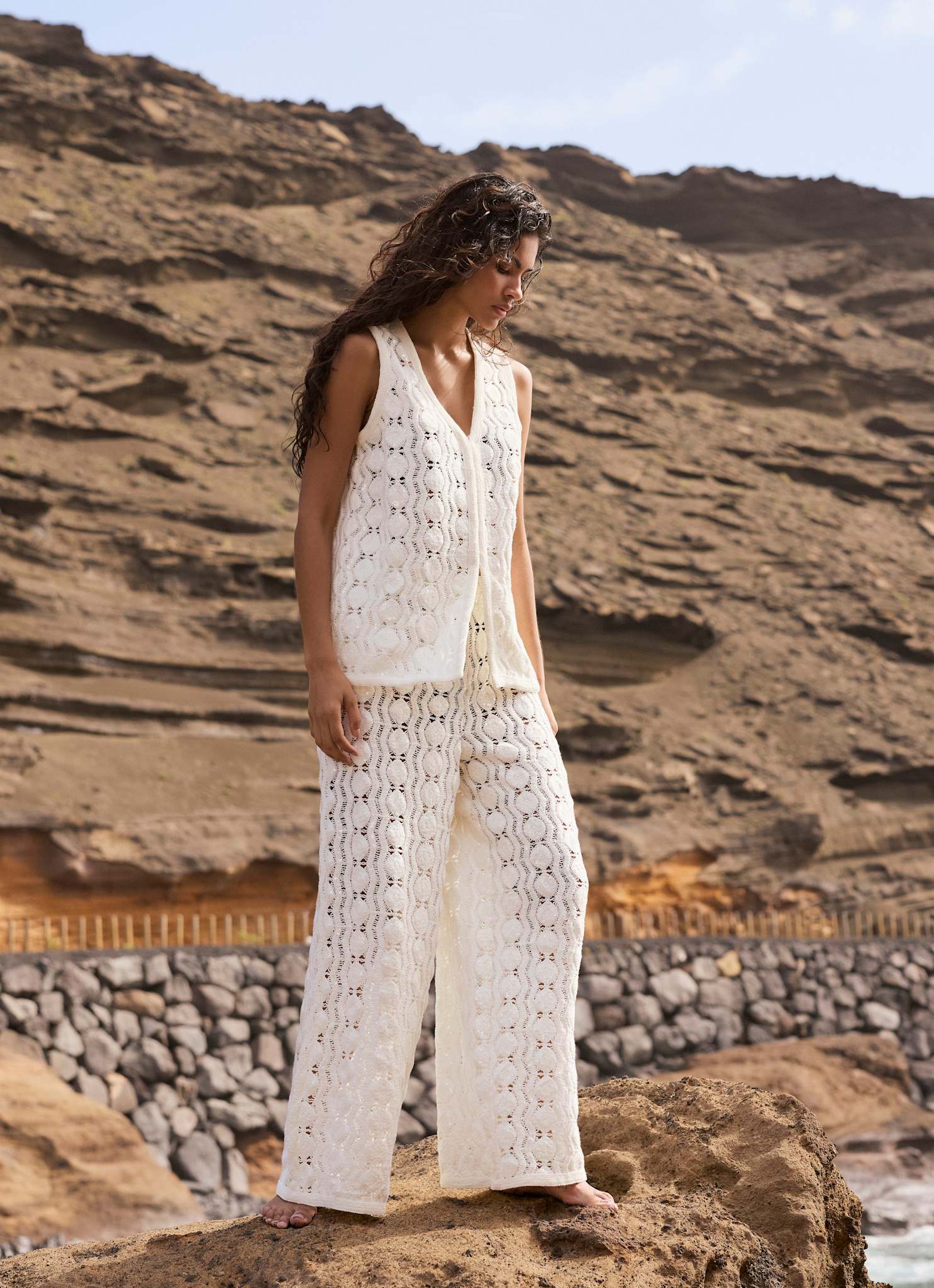 White Crochet Sequin Trousers