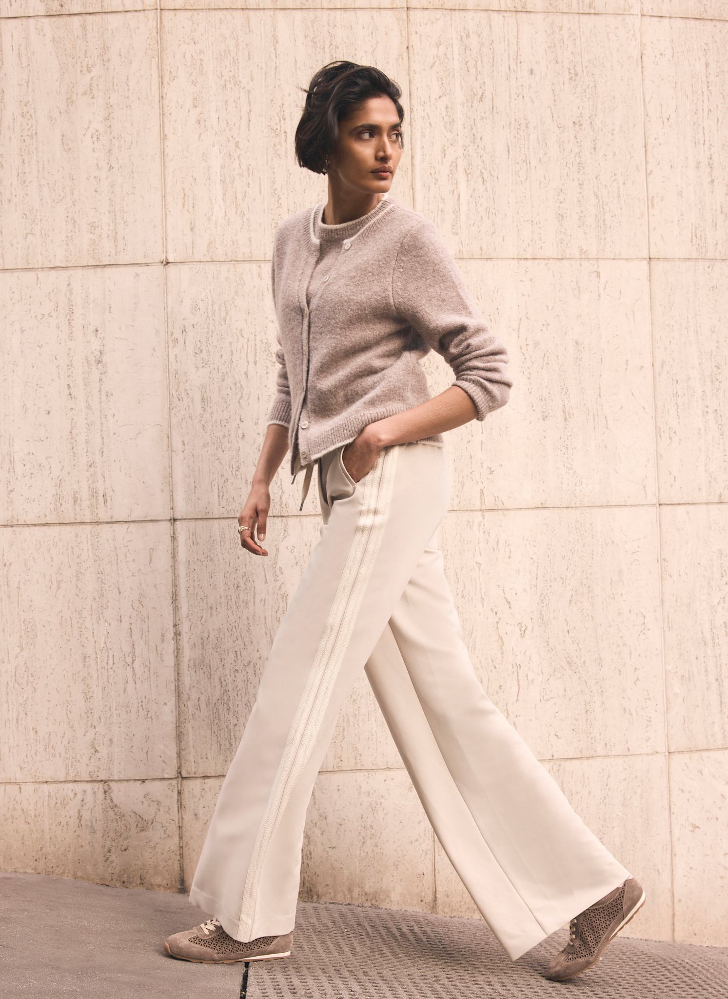 Neutral Crochet Side Stripe Wide Joggers