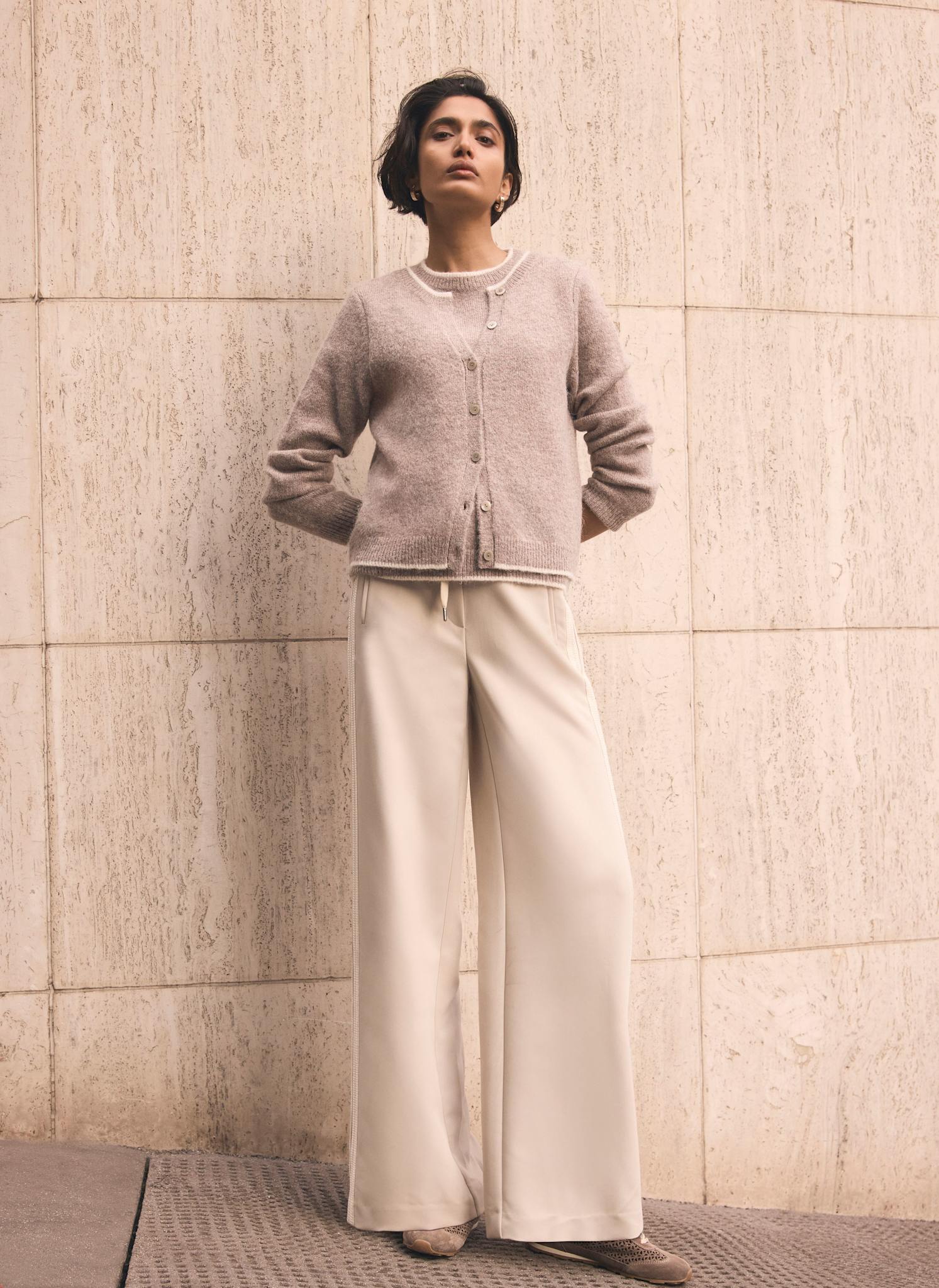 Neutral Crochet Side Stripe Wide Joggers