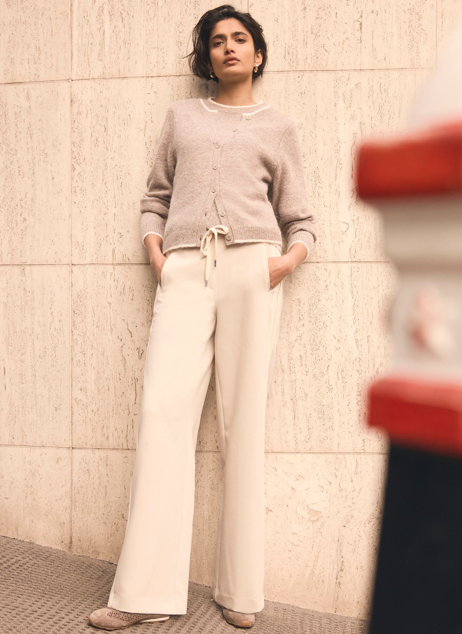 Neutral Crochet Side Stripe Wide Joggers