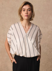 Neutral Pinstriped Wrap Blouse