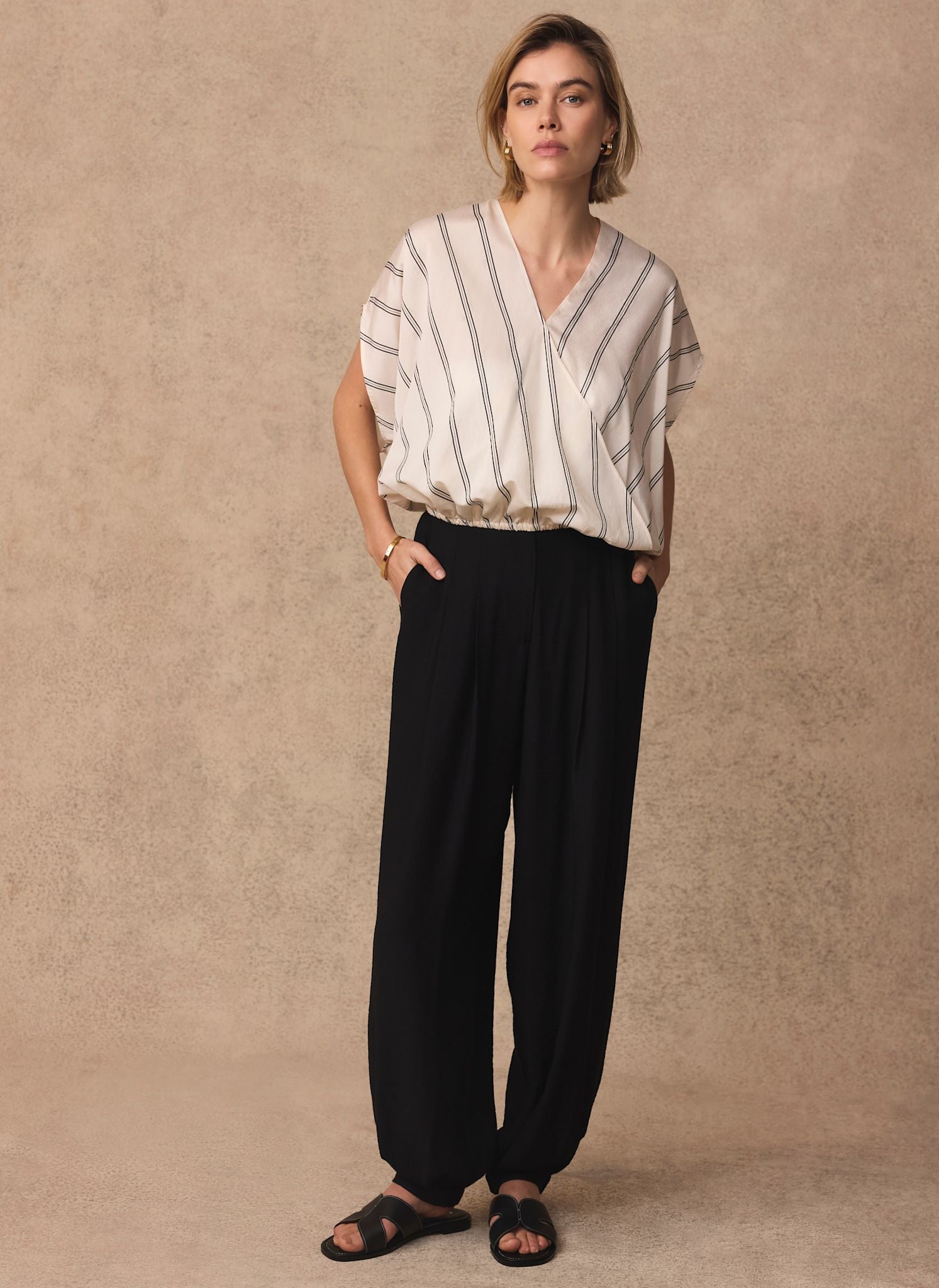 Neutral Pinstriped Wrap Blouse