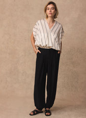 Neutral Pinstriped Wrap Blouse