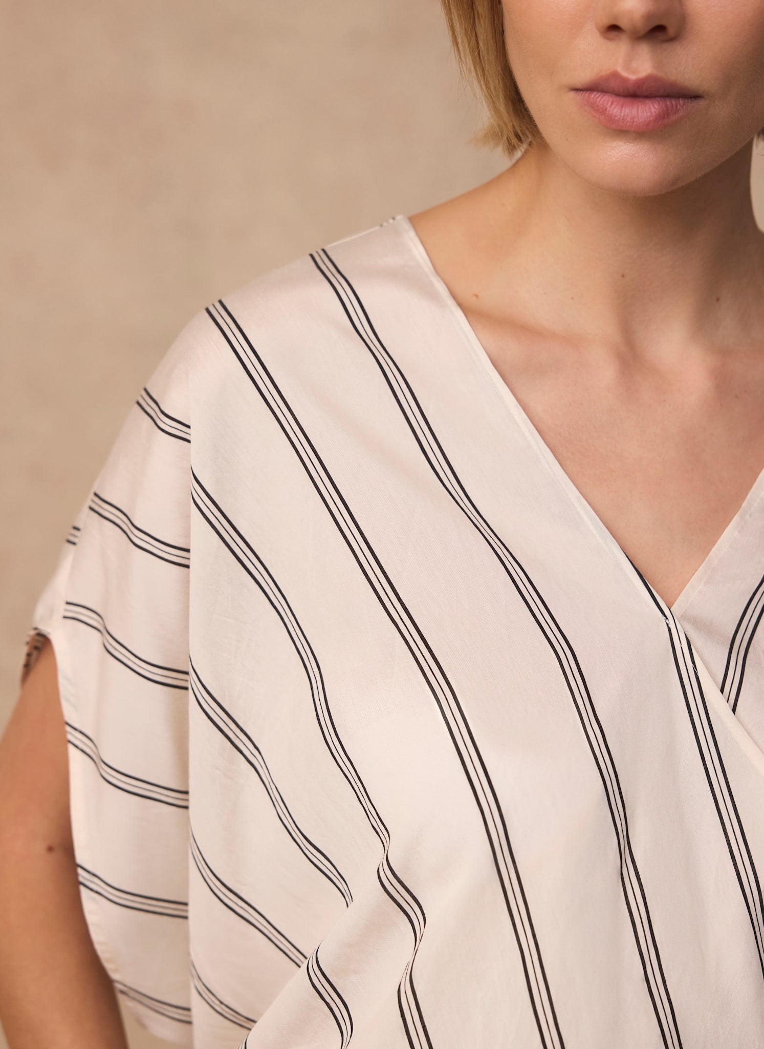 Neutral Pinstriped Wrap Blouse