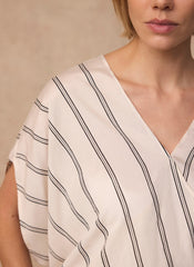 Neutral Pinstriped Wrap Blouse