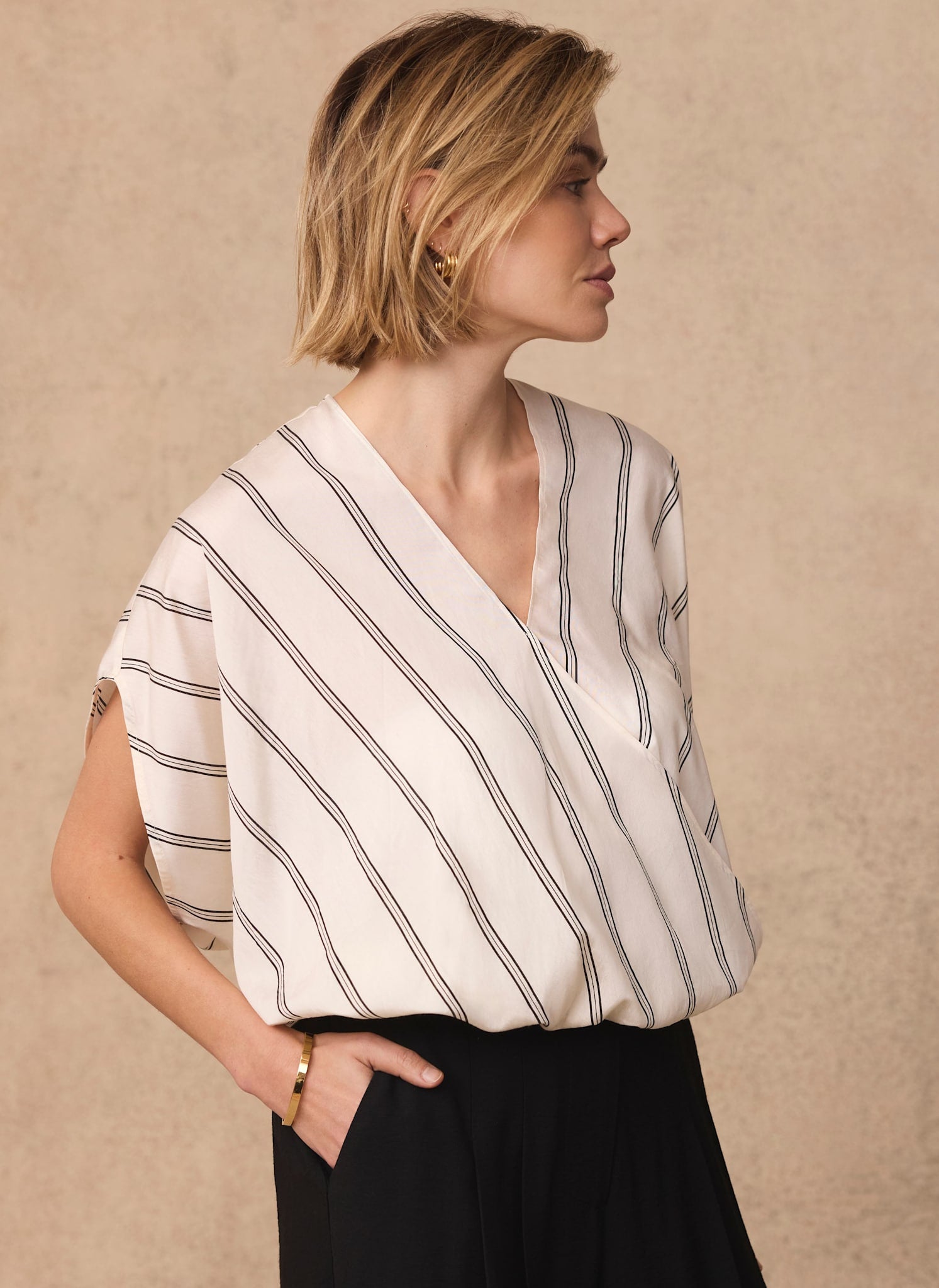 Neutral Pinstriped Wrap Blouse