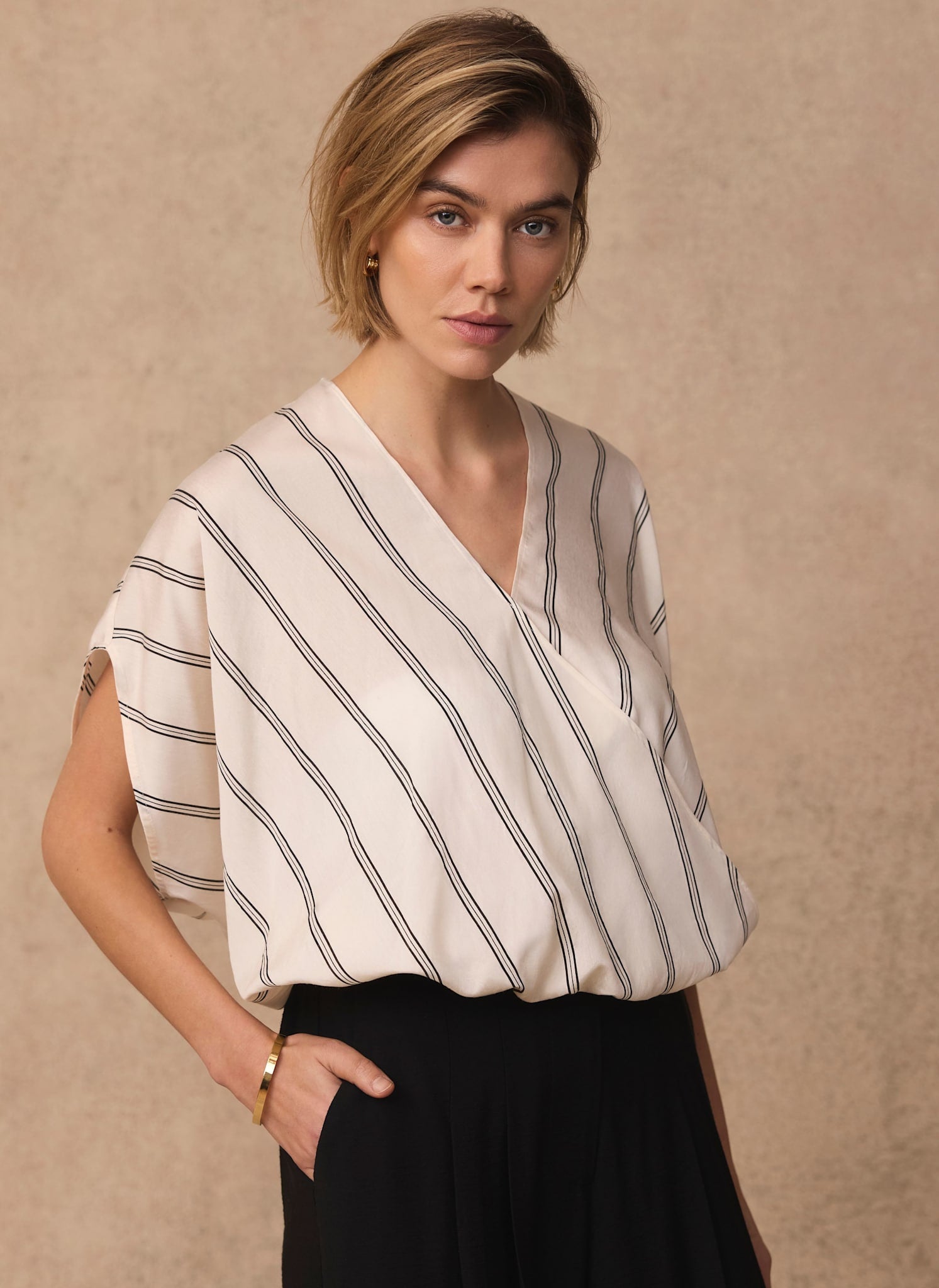 Neutral Pinstriped Wrap Blouse