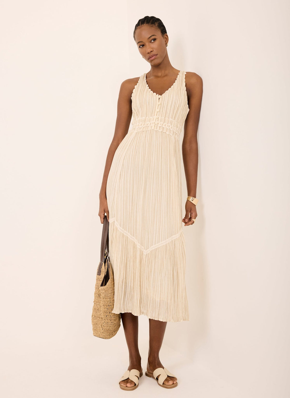 Neutral Striped Cotton Midi Dress