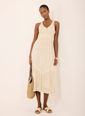Neutral Striped Cotton Midi Dress