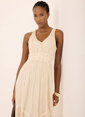 Neutral Striped Cotton Midi Dress