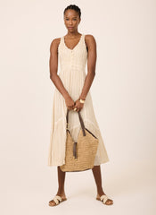 Neutral Striped Cotton Midi Dress