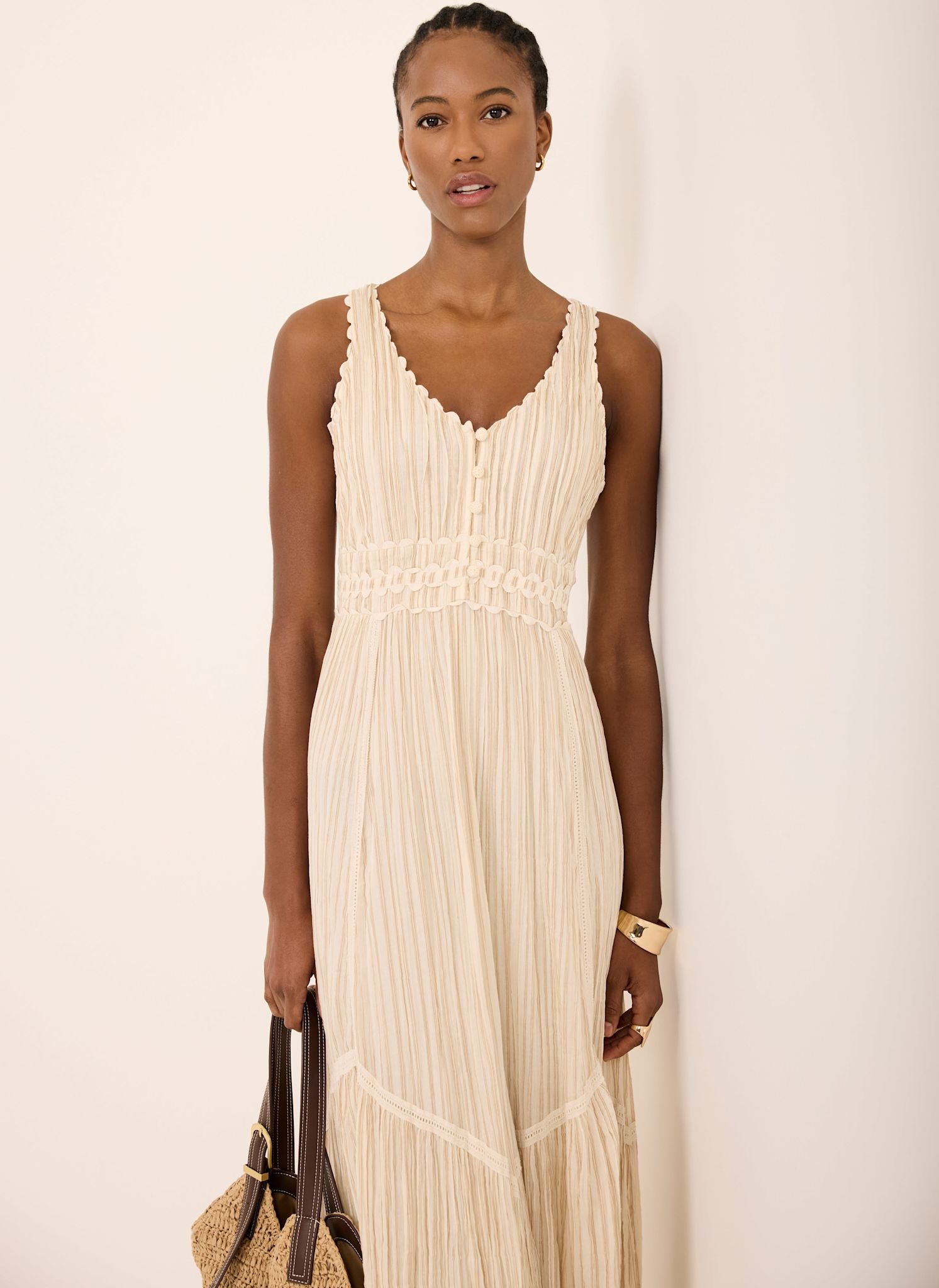 Neutral Striped Cotton Midi Dress