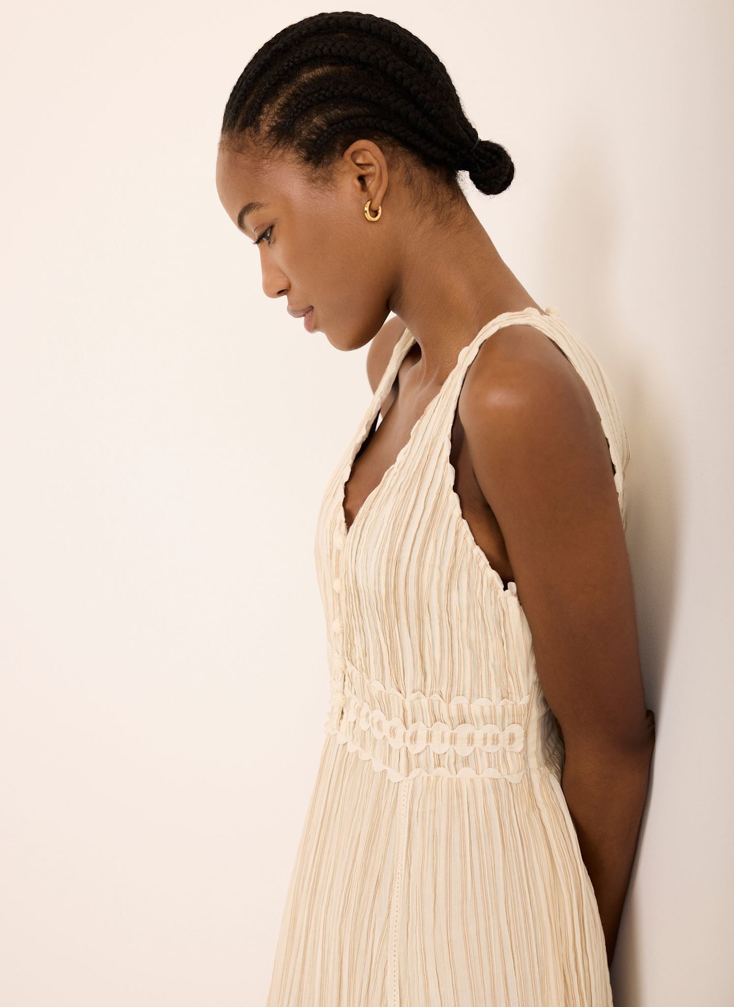Neutral Striped Cotton Midi Dress