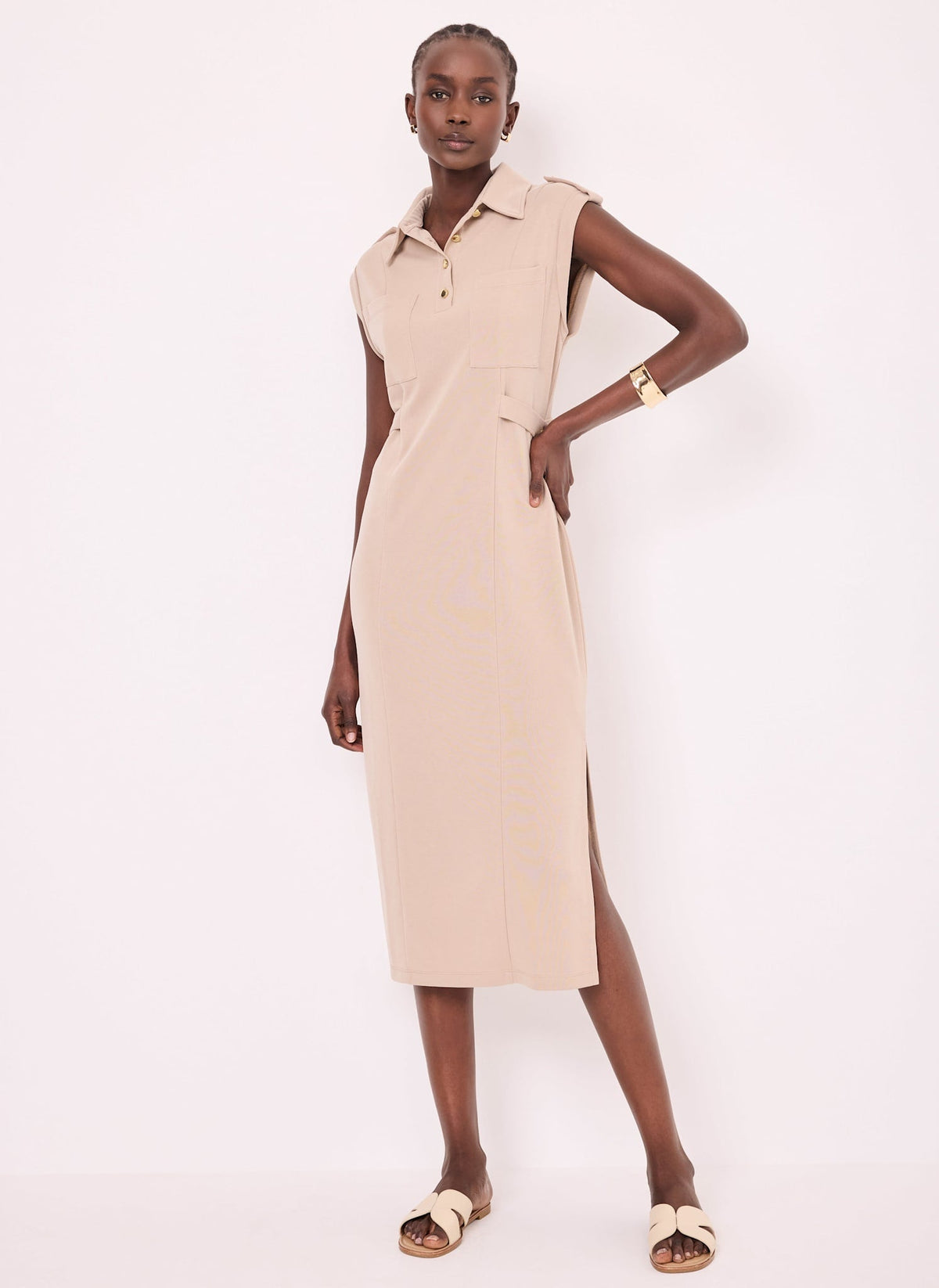 Neutral Jersey Utility Midi Dress