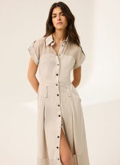 Neutral Utility Midi Shirt Dress
